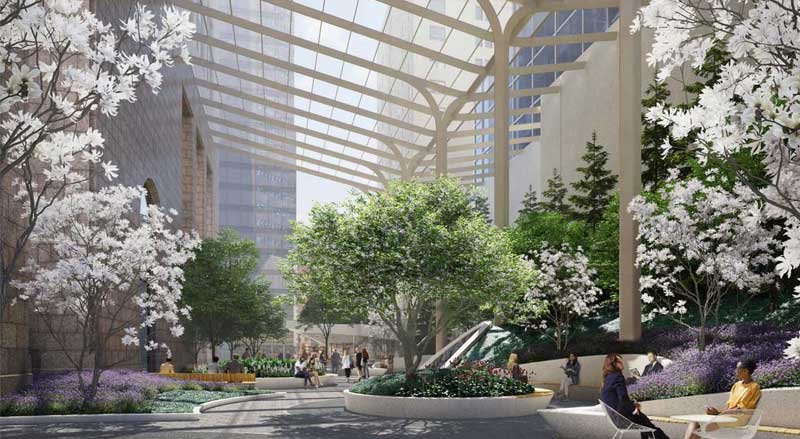 The Plaza at 550 Madison features a glass canopy that collects rainwater to water the plants and trees below