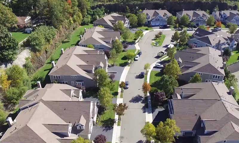 An aerial view of a townhouse community