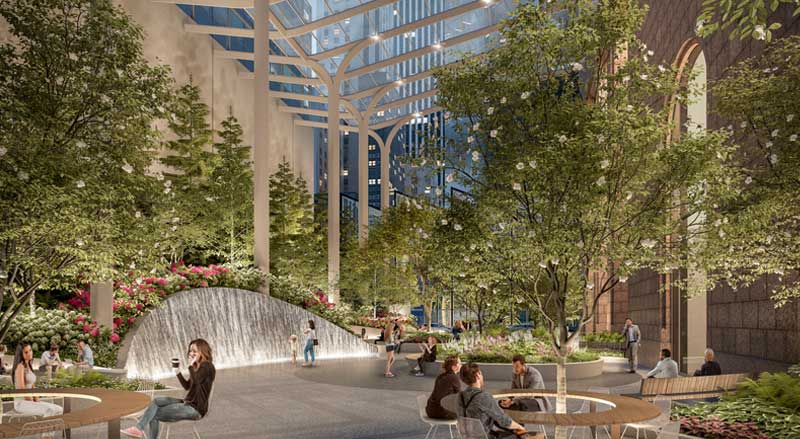 The waterfall and outdoor common space at 550 Madison in New York City