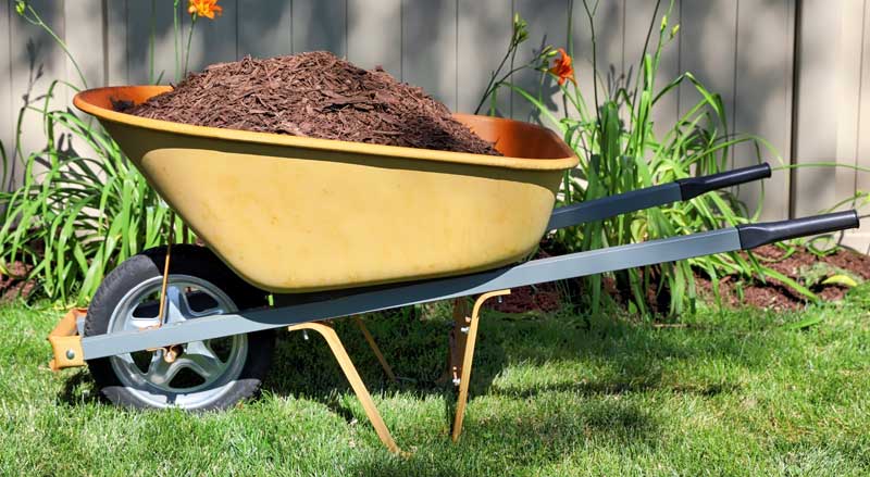 A wheelbarrow filled with mulch next to a garden