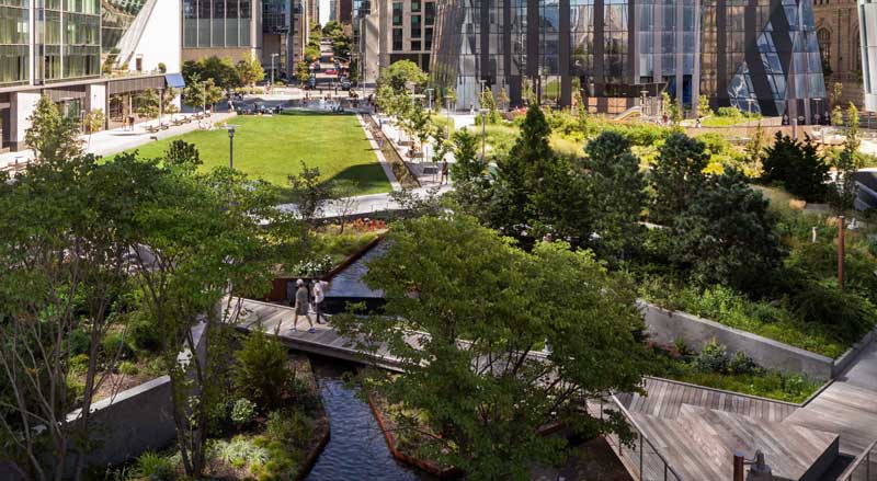 View of water and greenery at Waterline Square Park, NYC