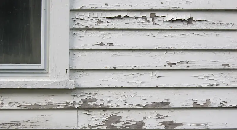 The exterior of a house with paint that is peeling