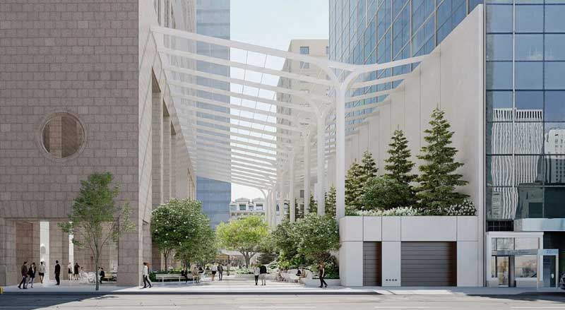 A street view of the garden and atrium at 550 Madison