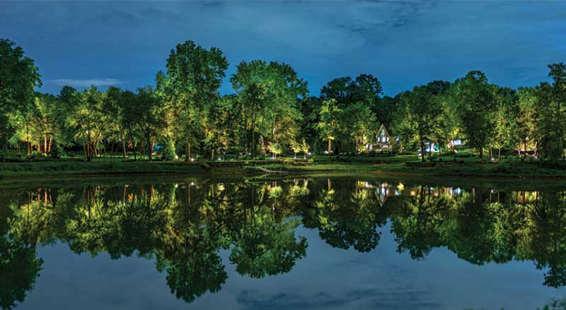 A view of a pond with the reflection of lighted trees