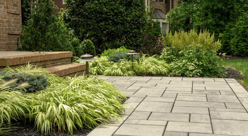 Elegant gray paver pathway leading to the front entrance, surrounded by ornamental grasses and a well-maintained landscape.