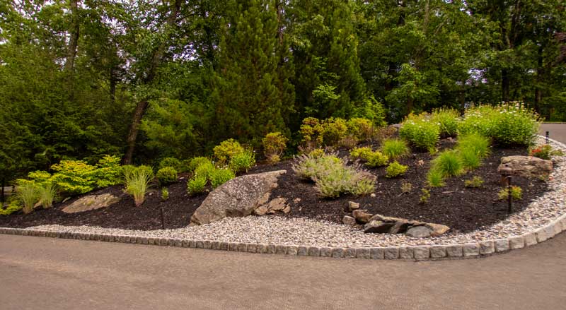 Professionally designed flower bed featuring vibrant greenery, decorative stone edging, and seasonal blooms for maximum curb appeal.