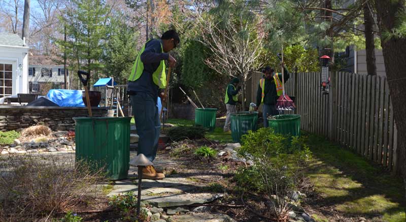 Professional landscaping crew performing fall clean-up and preparing garden beds for the new season