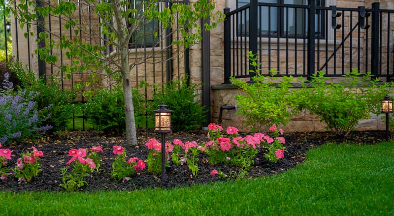 Colorful flower bed with landscape lighting and fresh mulch highlighting seasonal plantings