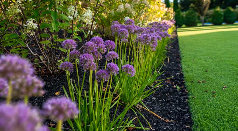 Flower bed with proper soil grading and edging to improve drainage and plant health