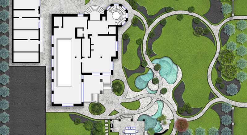 Landscape master plan showing grading, drainage layout, and site engineering design for a residential property