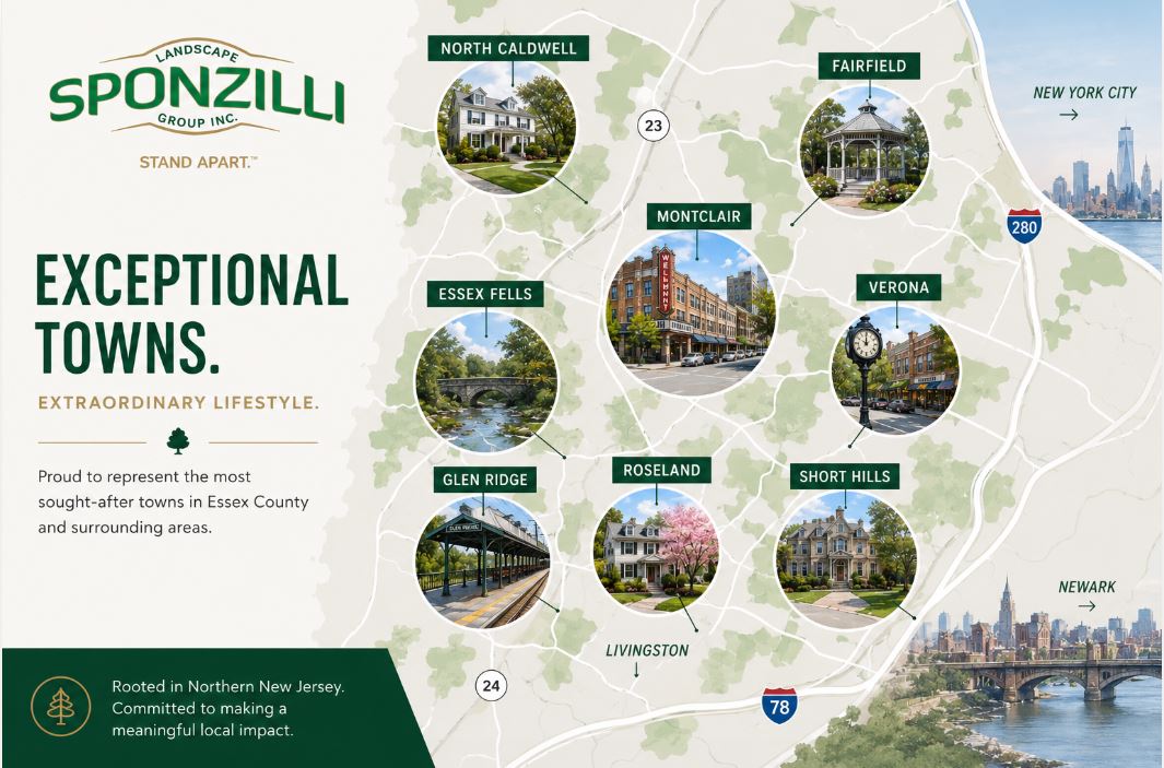 Sponzilli Landscape Group service area map featuring North Caldwell, Montclair, Essex Fells, Glen Ridge, Verona, Roseland, Fairfield, and Short Hills