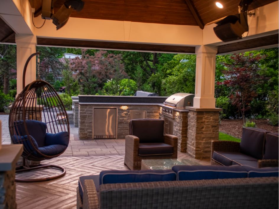 Custom outdoor kitchen and pavilion designed by Sponzilli Landscape Group in New Jersey
