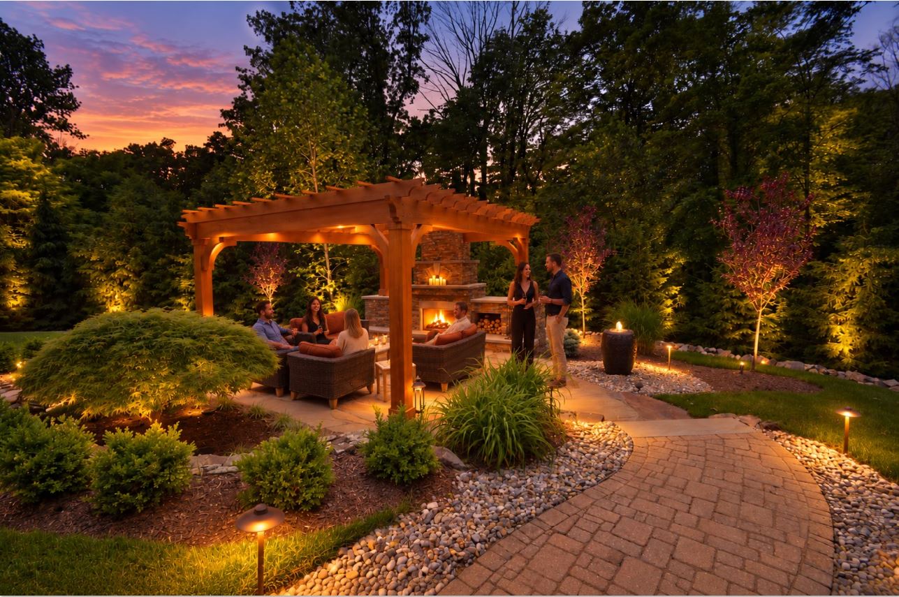 Actual Outdoor Fireplace Setting that Naturally Bridges Summer into Fall