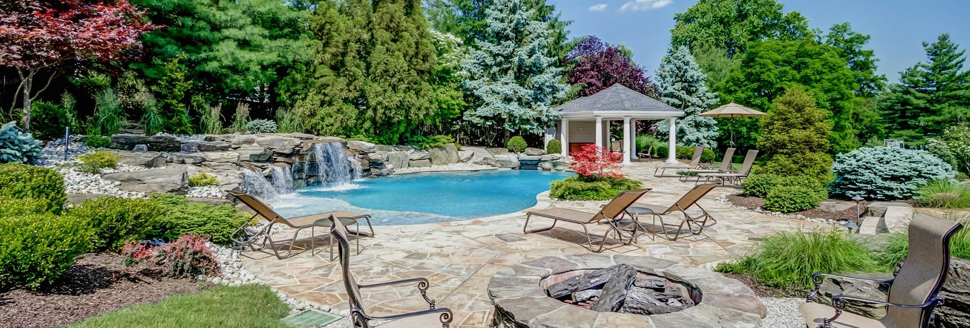 Outdoor Living Spaces with Pool, Cabana, Firepit ad Beautiful Trees