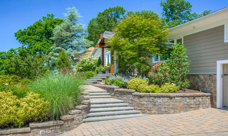 Steps to front door of home with ornamental grass, shrubs, and trees, greenery-in-your-landscape