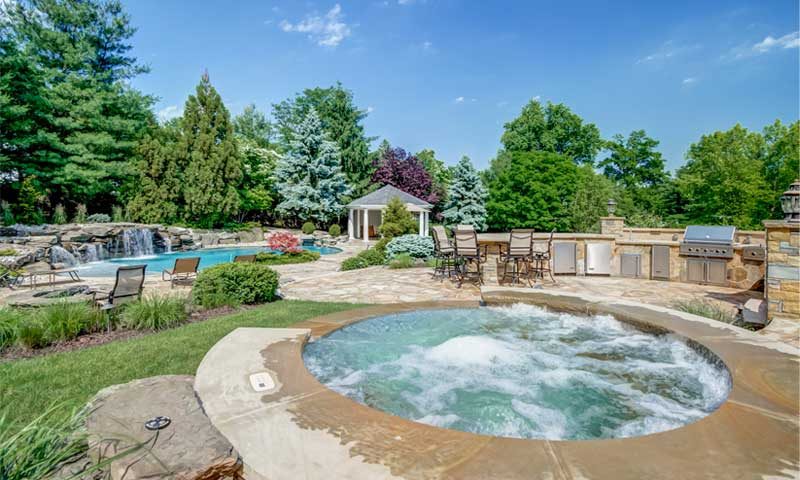 poolscape-design, outdoor kitchen and dining with hot tub and pool